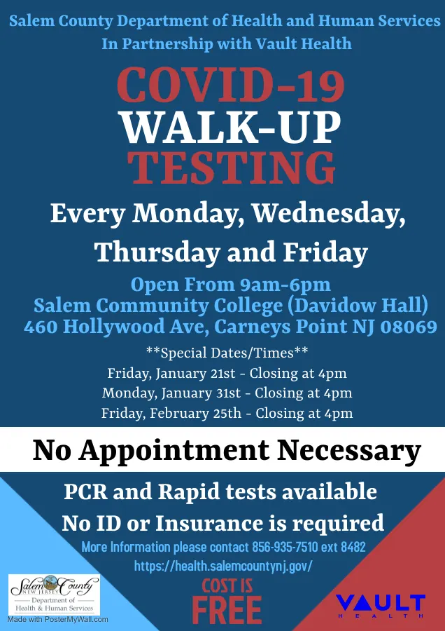 COVID-19 Walk-Up Testing every Monday, Wednesday, Thursday and Friday from 9am-6pm